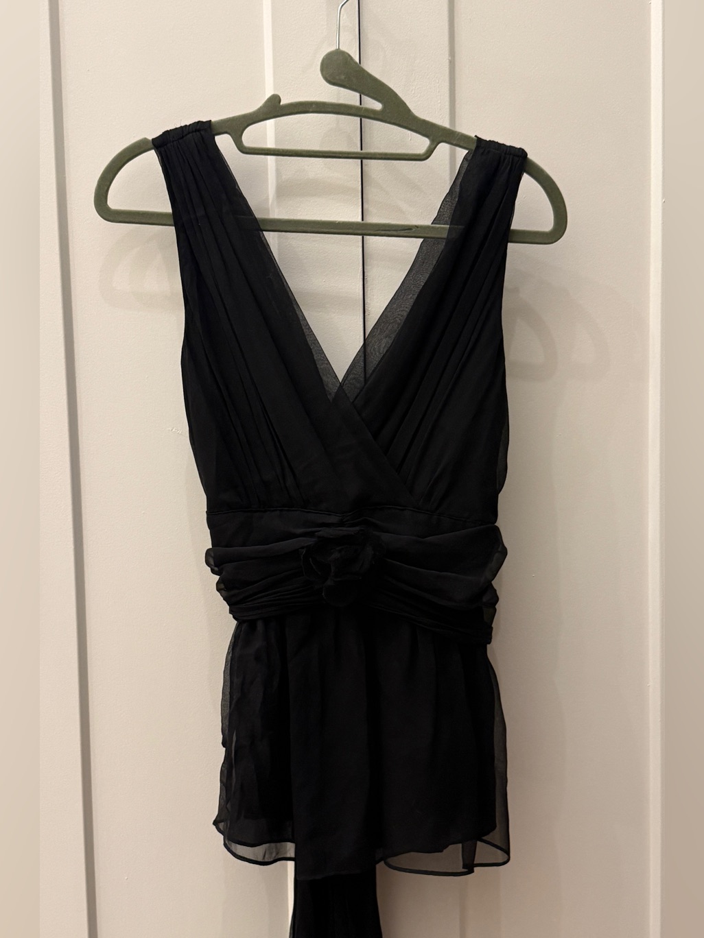Miguelina Black Sleeveless V-Neck Chiffon Blouse Rosette